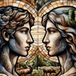 A close up head portrait of young Adam and Eve side by side, surrounded by silhouettes of forests and grazing animals, in the style of church stained glass mosaic